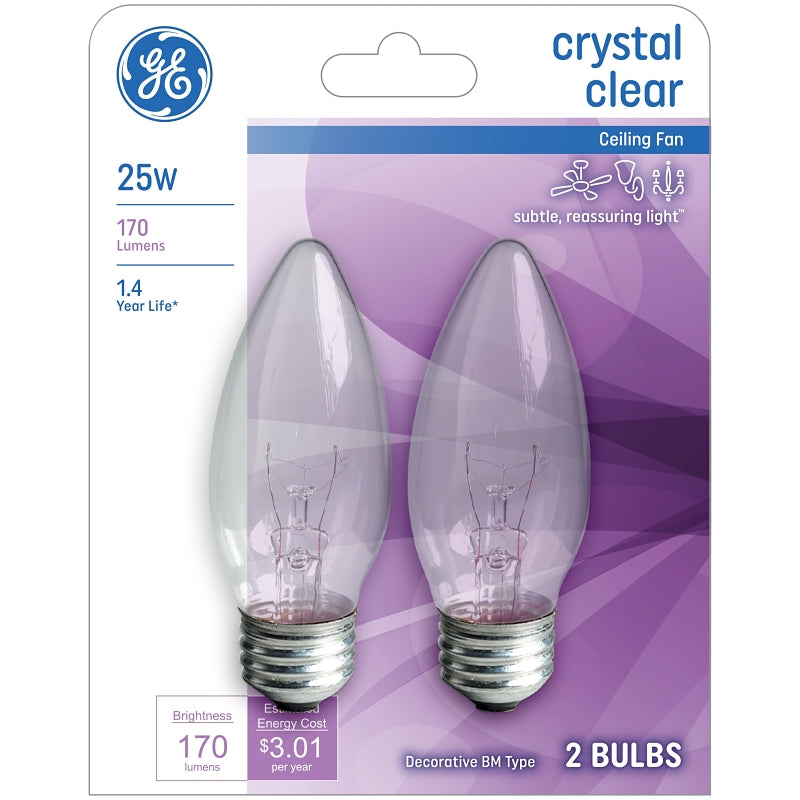 GE 22756 Ceiling Fan Bulb, 25 W, B13 Lamp, E26 Medium Lamp Base, 170 Lumens, 2500 K Color Temp, 1500 hr Average Life