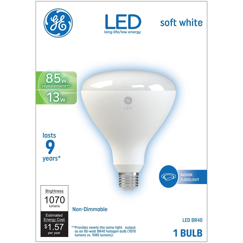 GE 24261 LED Bulb, Flood/Spotlight, BR40 Lamp, 85 W Equivalent, E26 Medium Lamp Base, Non-Dimmable, White