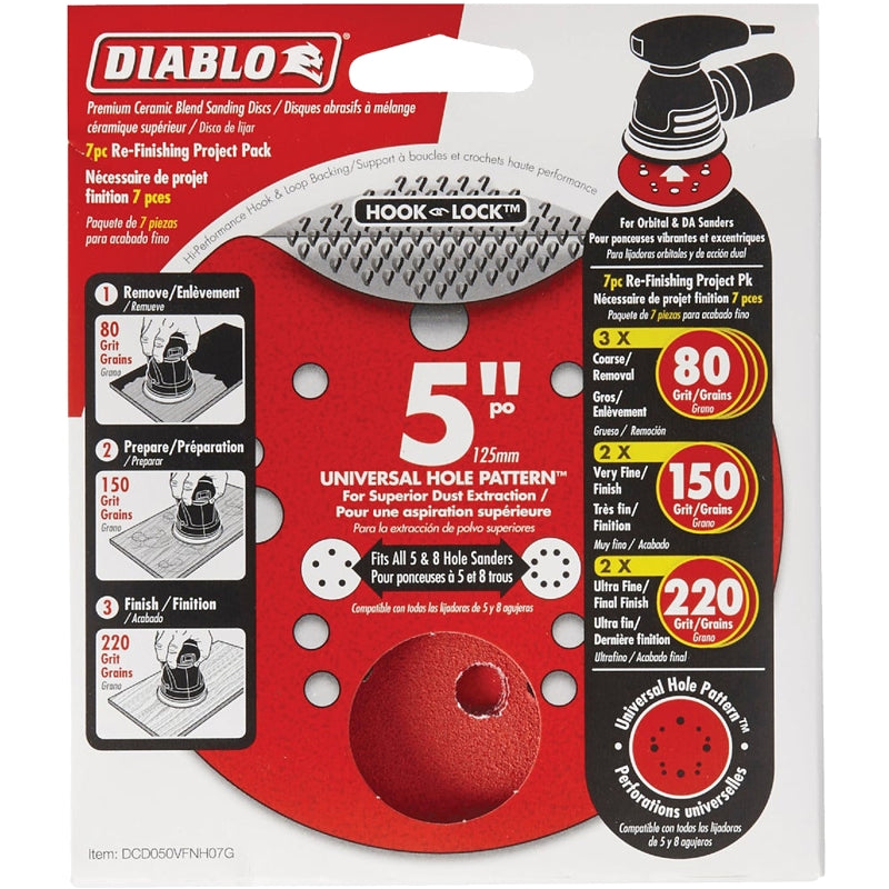 Diablo DCD050VFNH07G Sanding Disc Assorted Pack, 5 in Dia, 80, 150, 220 Grit, Coarse, Ultra Fine, Very Fine, 12-Hole