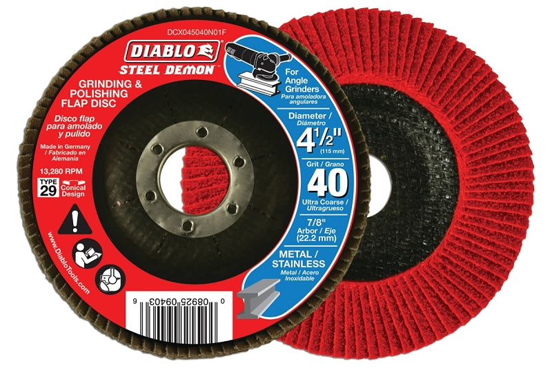 Diablo Steel Demon DCX045040N01F Flap Disc, 4-1/2 in Dia, 7/8 in Arbor, 40 Grit, Ultra Coarse, Zirconium Abrasive, Pack of 5