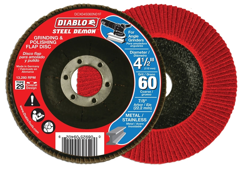 Diablo Steel Demon DCX045060N01F Flap Disc, 4-1/2 in Dia, 7/8 in Arbor, 60 Grit, Coarse, Zirconium Abrasive, Pack of 5