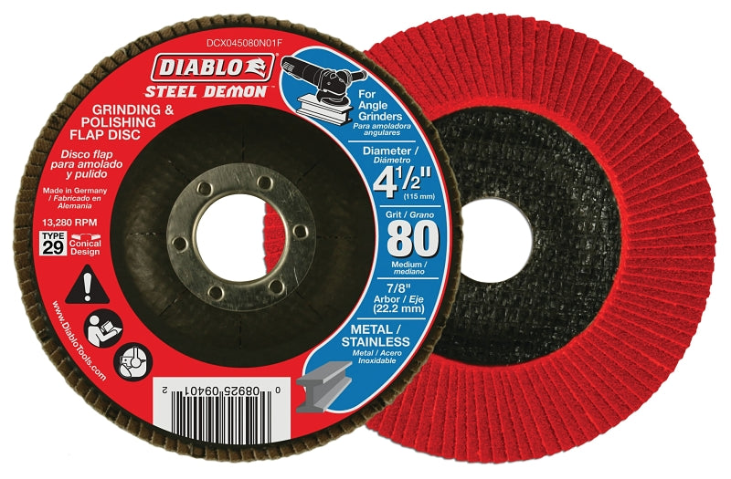 Diablo Steel Demon DCX045080N01F Flap Disc, 4-1/2 in Dia, 7/8 in Arbor, 80 Grit, Medium, Zirconium Abrasive, Pack of 5