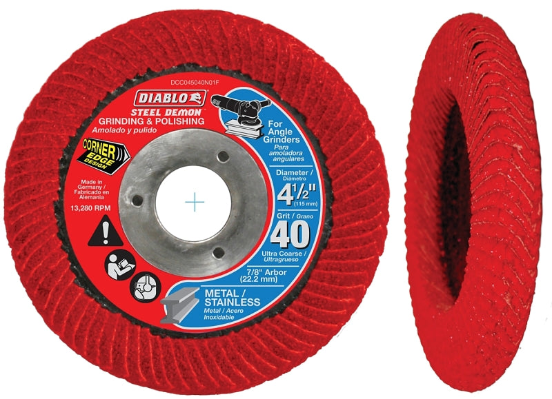 Diablo Steel Demon Corner-Edge Series DCC045040N01F Flap Disc, 4-1/2 in Dia, 7/8 in Arbor, 40 Grit, Ultra Coarse