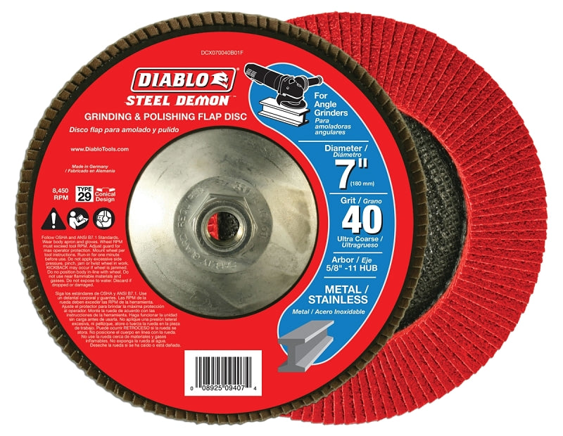 Diablo Steel Demon DCX070040B01F Flap Disc, 7 in Dia, 5/8-11 Arbor, 40 Grit, Ultra Coarse, Zirconium Abrasive, Pack of 2
