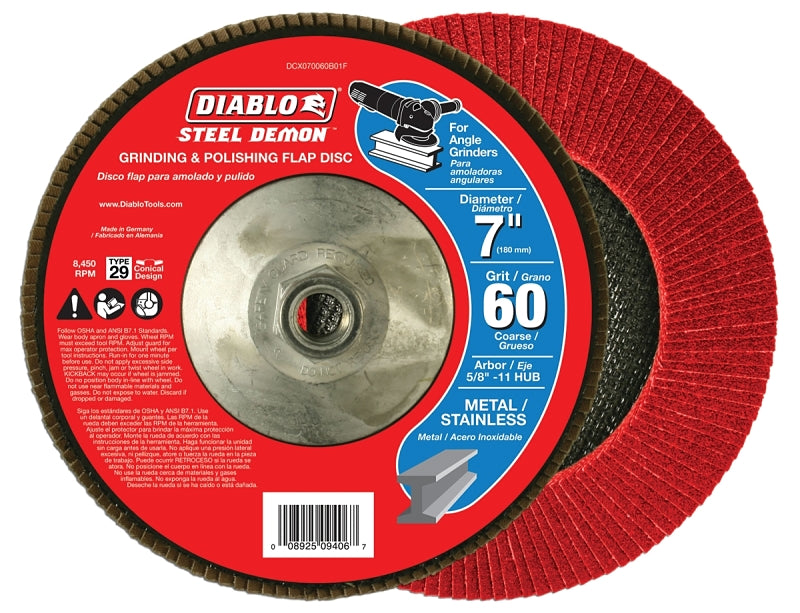 Diablo Steel Demon DCX070060B01F Flap Disc, 7 in Dia, 5/8-11 Arbor, 60 Grit, Coarse, Zirconium Abrasive