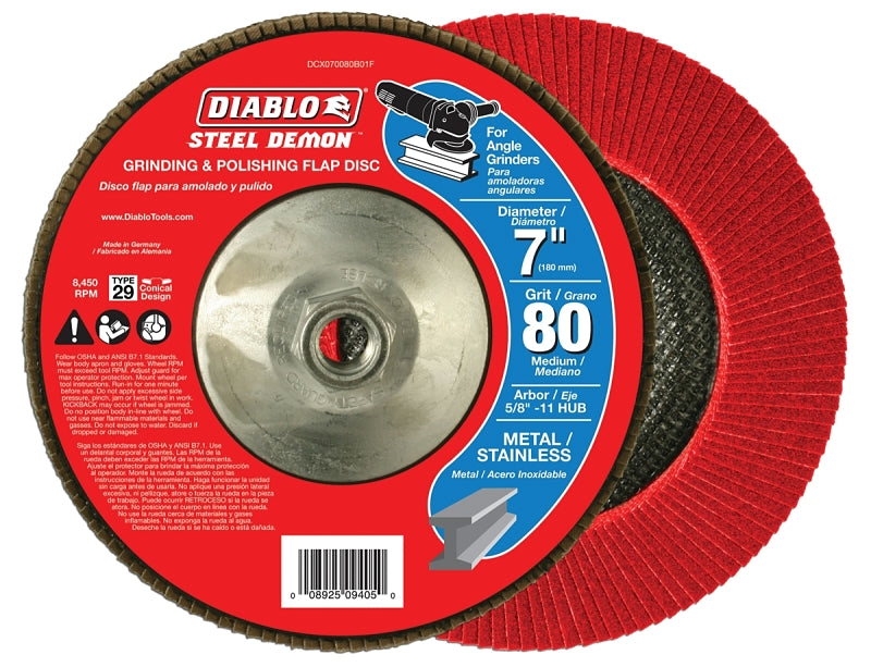 Diablo Steel Demon DCX070080B01F Flap Disc, 7 in Dia, 5/8-11 Arbor, 80 Grit, Medium, Zirconium Abrasive