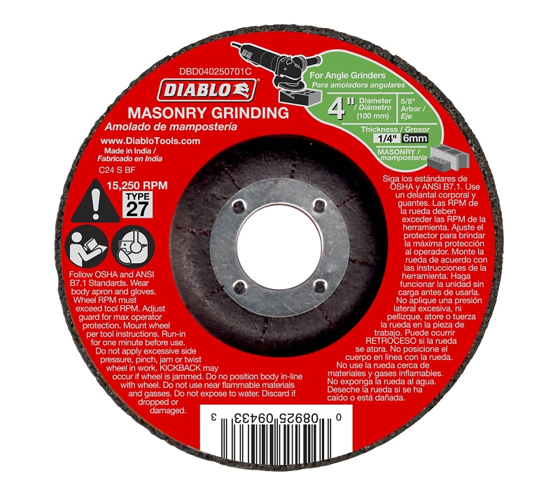 Diablo DBD040250701C Grinding Wheel, Applicable Materials: Cement, Cinder, Paver Stone, 4 in Dia, 1/4 in Thick