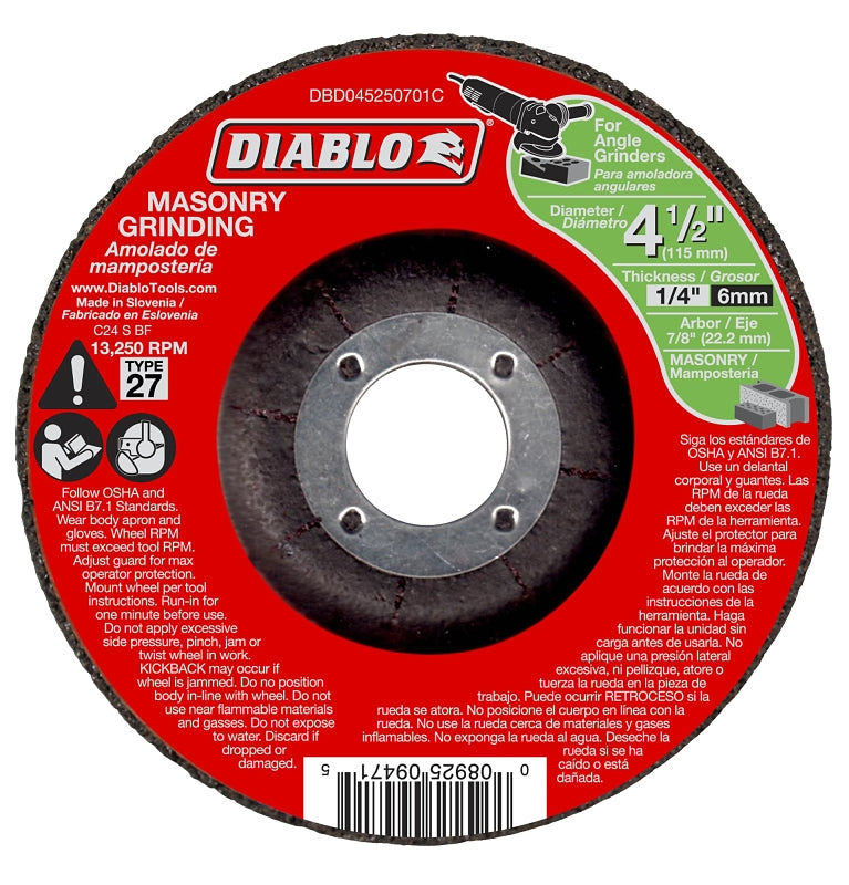 Diablo DBD045250701C Grinding Wheel, Applicable Materials: Cement, Cinder, Paver Stone, 4-1/2 in Dia, 1/4 in Thick