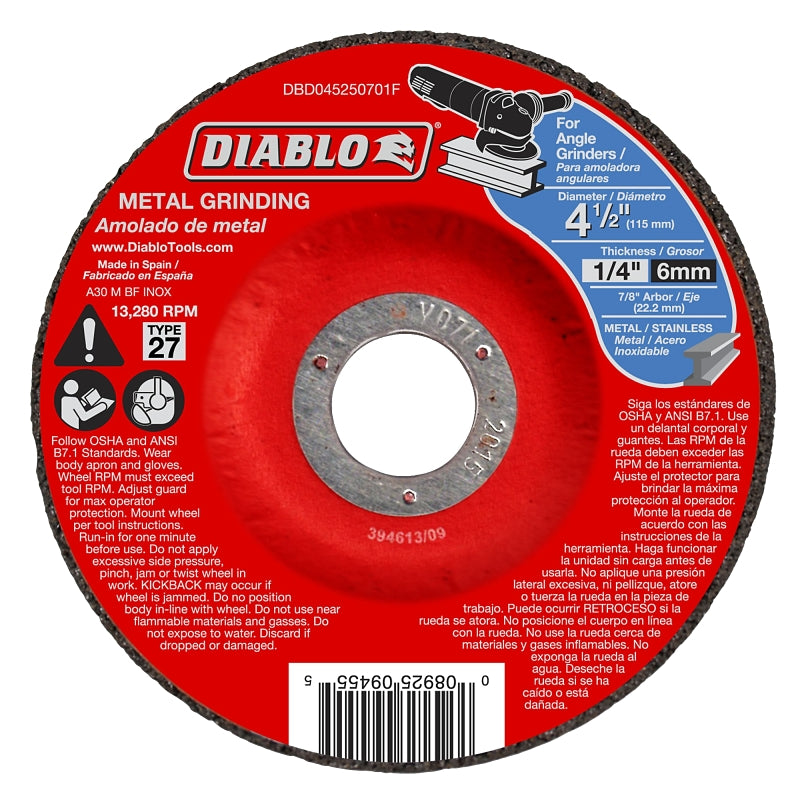 Diablo DBD045250701F Grinding Wheel, Applicable Materials: Cast Iron, Sheet Metal, Stainless Steel, 4-1/2 in Dia