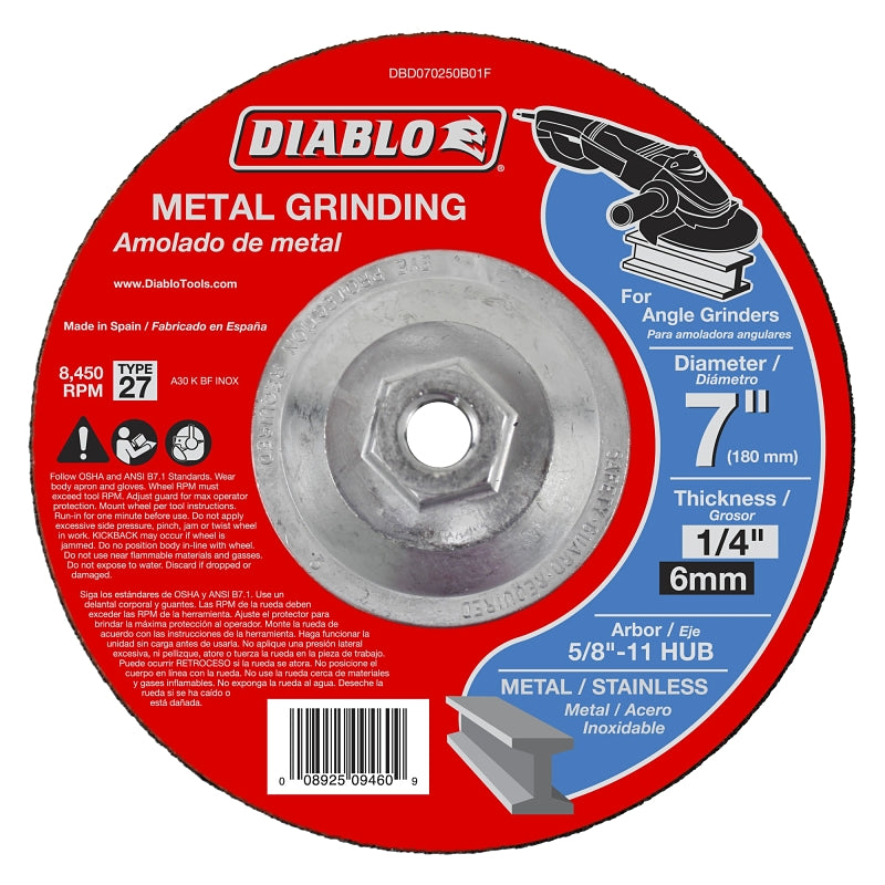 Diablo DBD070250B01F Grinding Wheel, Applicable Materials: Cast Iron, Sheet Metal, Stainless Steel, 7 in Dia