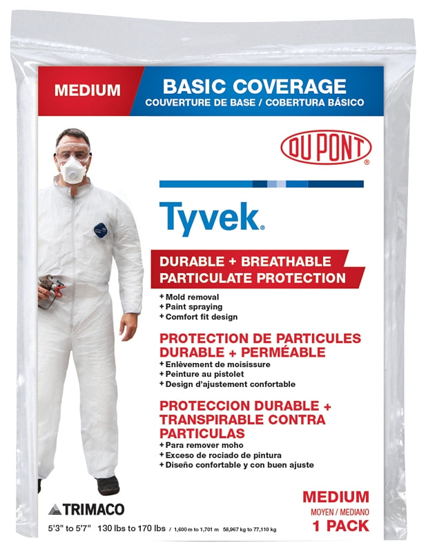 Trimaco 14121 Professional Painter's Coverall, M, Zipper Closure, Tyvek, White