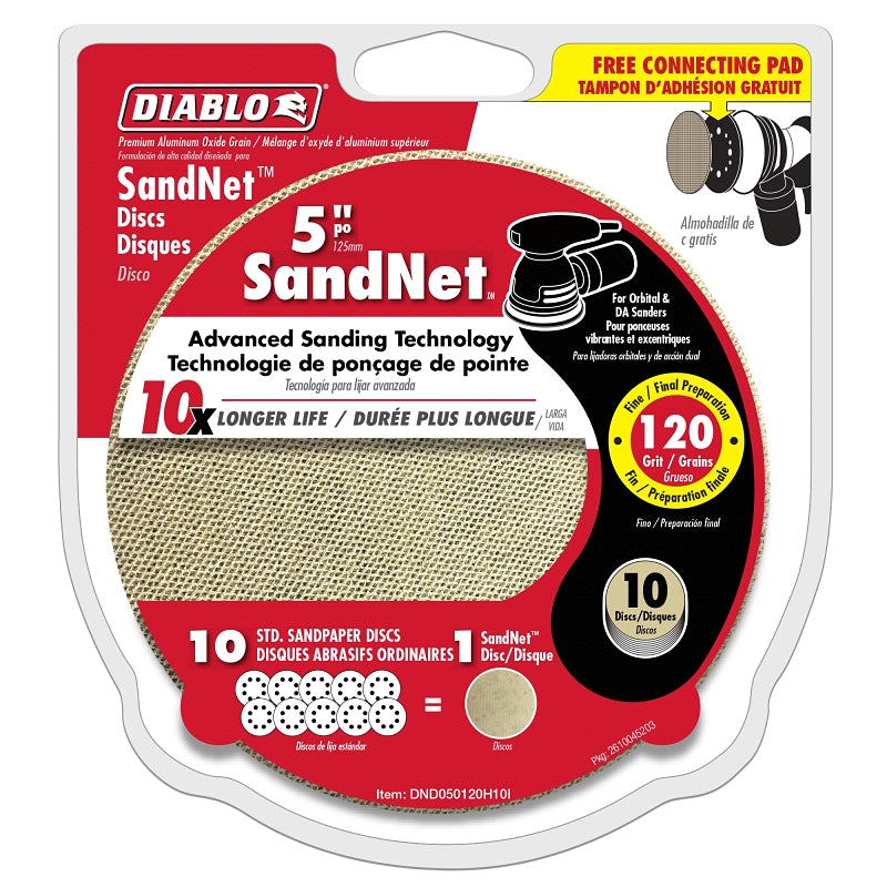 Diablo DND050120H10I Sanding Disc, 5 in Dia, 120 Grit, Fine, Aluminum Oxide Abrasive, Universal, 10/PK