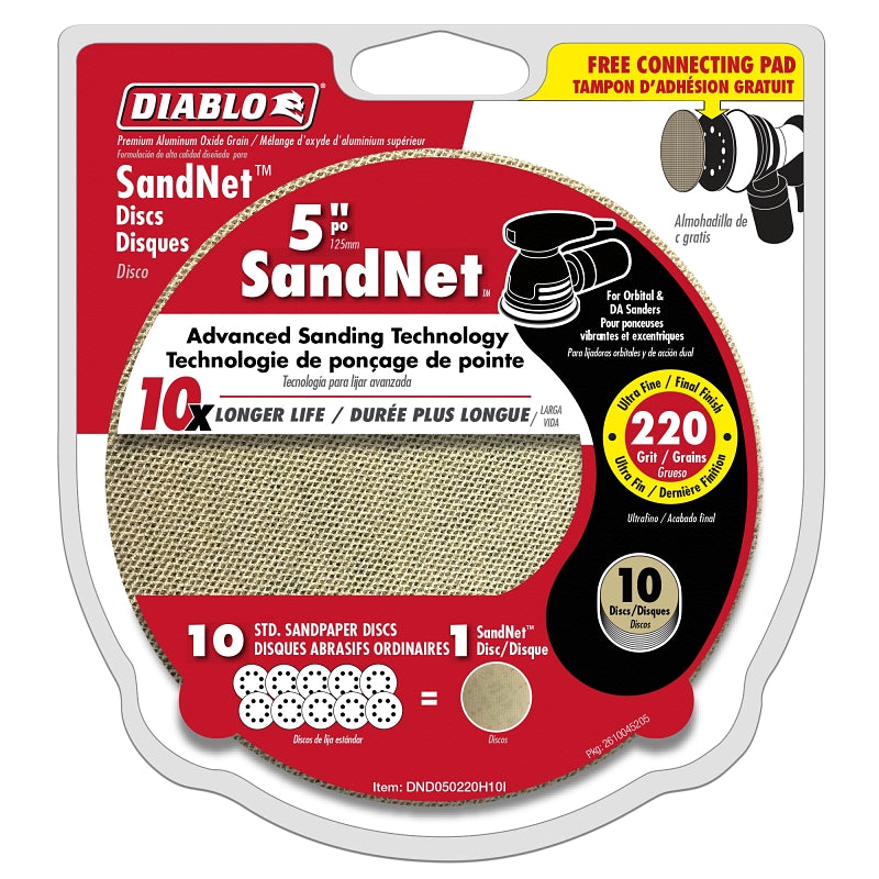 Diablo DND050220H10I Sanding Disc, 5 in Dia, 220 Grit, Ultra Fine, Aluminum Oxide Abrasive, Universal, 10/PK