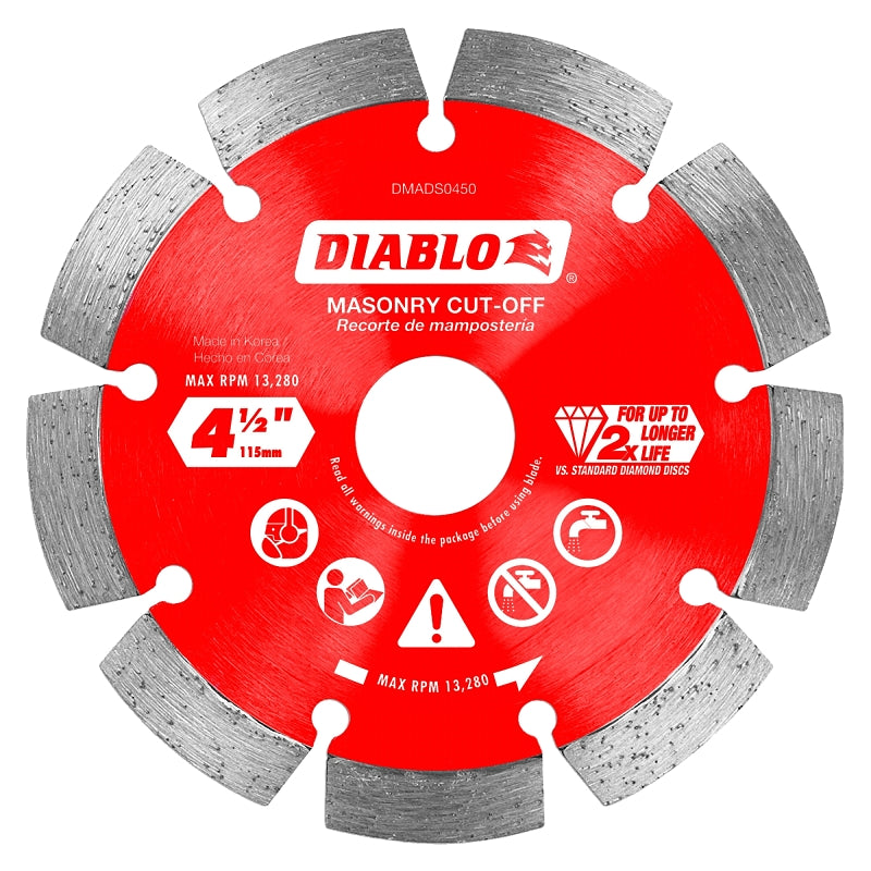Diablo DMADS0450 Series Saw Blade, Cut-Off Disc Blade, 4-1/2 in Dia, Segmented Rim, 1/PK