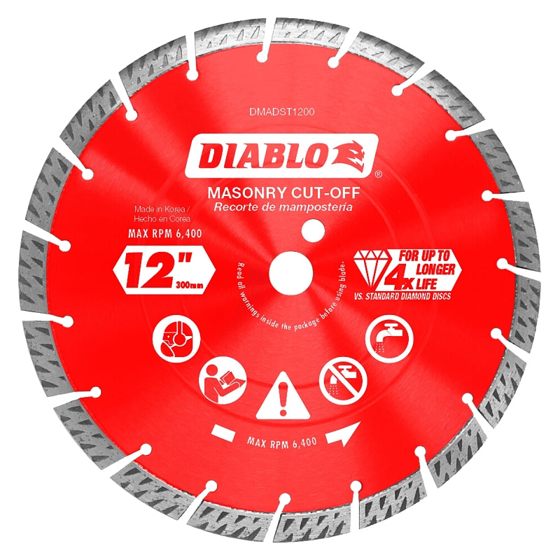 Diablo DMADST1200 Series Saw Blade, Turbo Cut-Off Disc Blade, 12 in Dia, Segmented Rim, 1/PK