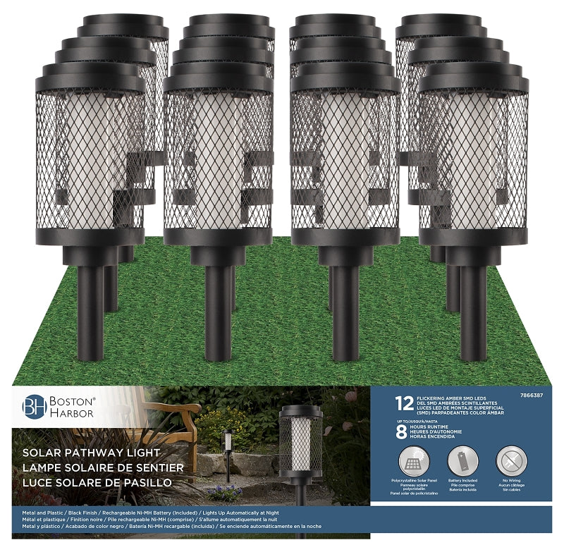 Boston Harbor 27098 Solar Pathway Light, Nickel-Metal Hydride Battery, AA Battery, 12-Lamp, LED Lamp, Black, Pack of 12