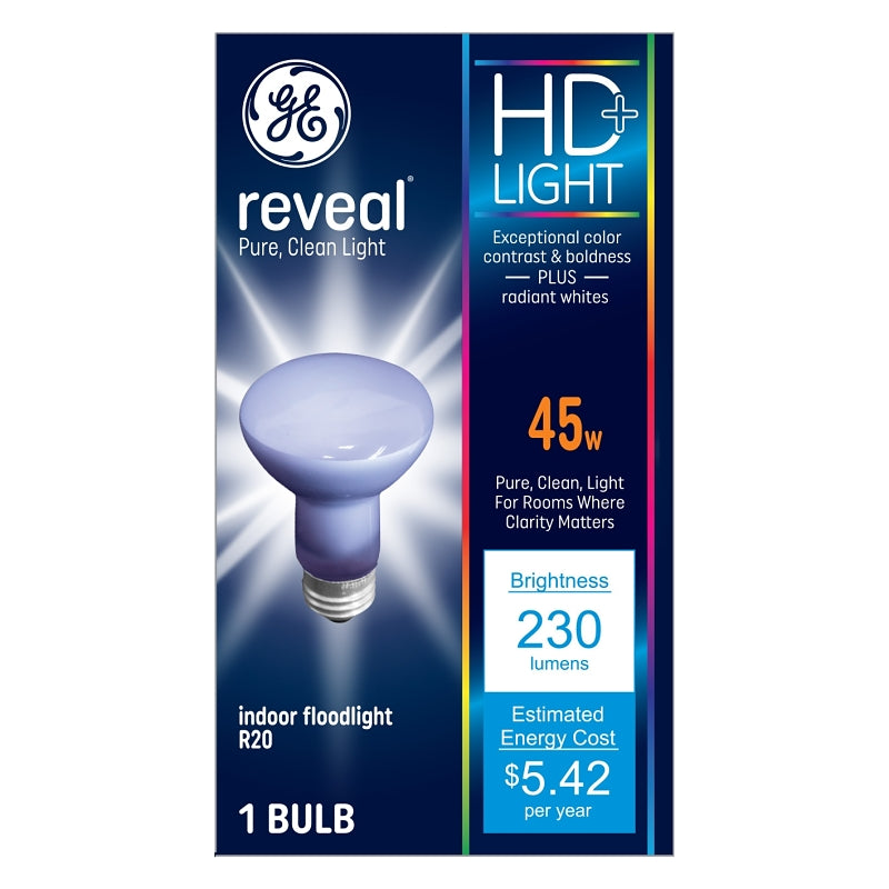 GE 73439 Halogen Bulb, 45 W, Medium Lamp Base, R20 Lamp, White Light, 230 Lumens, 2650 K Color Temp
