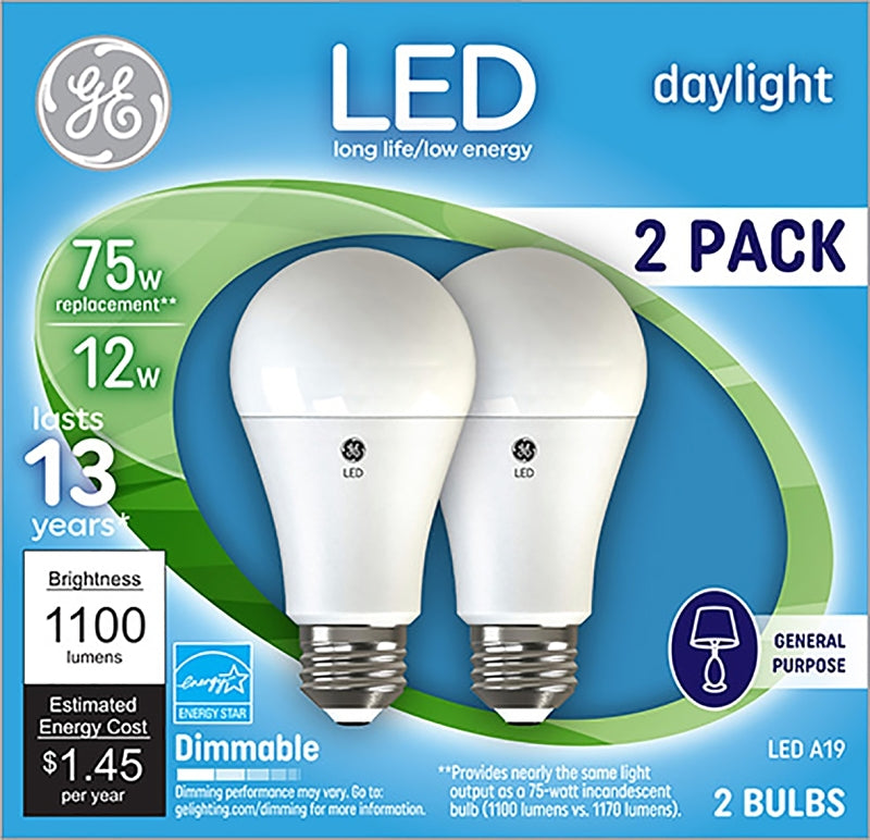 GE 93127670 LED Bulb, General-Purpose, A19 Lamp, 75 W Equivalent, Medium Lamp Base, Dimmable, Frosted, Daylight Light