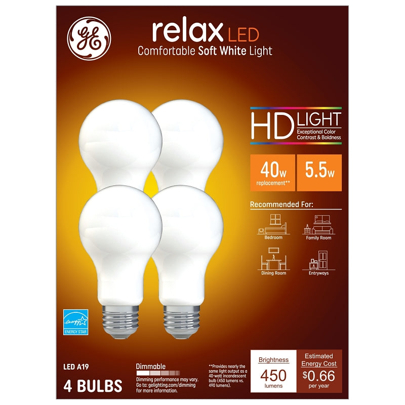 GE 93129437 LED Bulb, Relax HD, A19 Lamp, 40 W Equivalent, E26 Medium Lamp Base, Dimmable, Frosted, Soft White Light