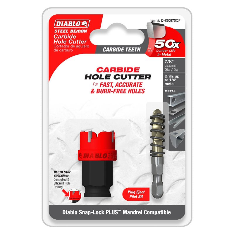 Diablo Steel Demon DHS0875CF Hole Cutter, 7/8 in Dia, 1/4 in D Cutting, Carbide Cutting Edge