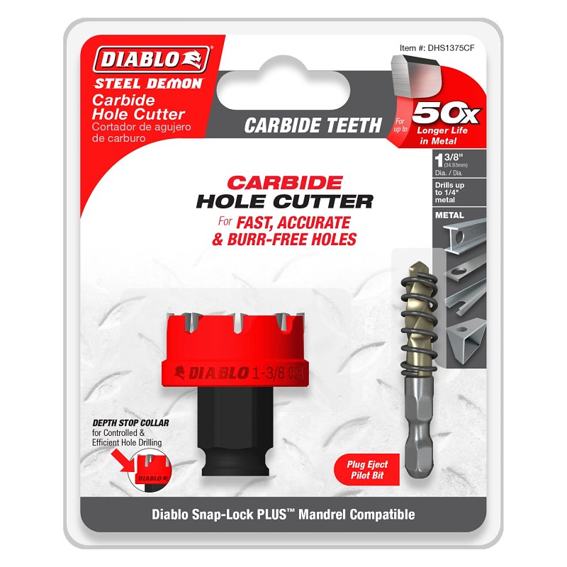 Diablo Steel Demon DHS1375CF Hole Cutter, 1-3/8 in Dia, 1/4 in D Cutting, Carbide Cutting Edge