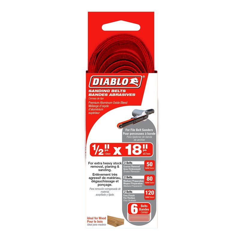 Diablo DCB518ASTS06G Sanding Belt Assorted Pack, 1/2 in W, 18 in L, 50, 80, 120 Grit, Coarse, Fine, Medium