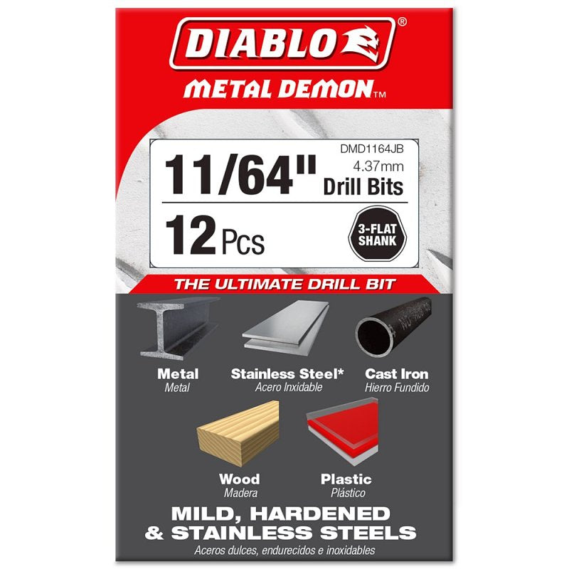 Diablo Metal Demon DMD1164JP1 Drill Bit, 11/64 in Dia, 3.1 in OAL, Three-Flat Shank, Pack of 12
