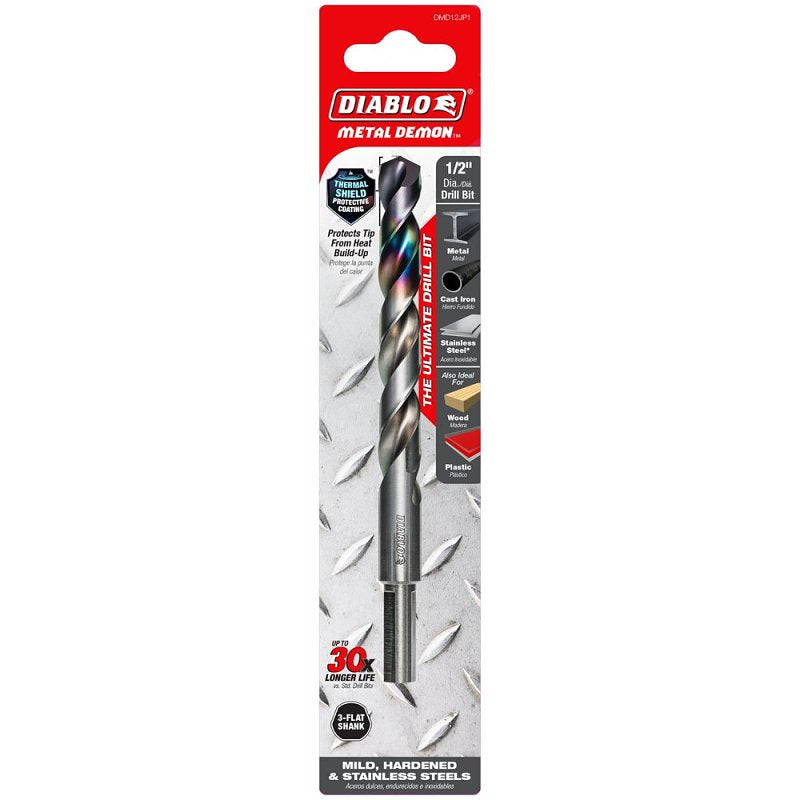 Diablo Metal Demon DMD12JP1 Drill Bit, 1/2 in Dia, 5.9 in OAL, Three-Flat Reduced Shank