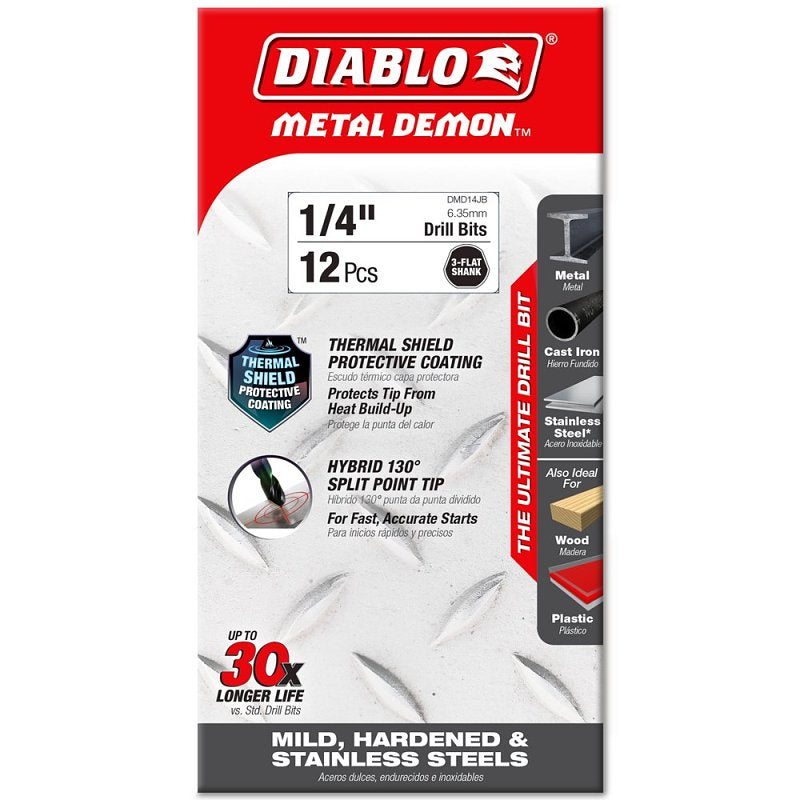 Diablo Metal Demon DMD14JP1 Drill Bit, 1/4 in Dia, 4 in OAL, Three-Flat Shank, Pack of 12