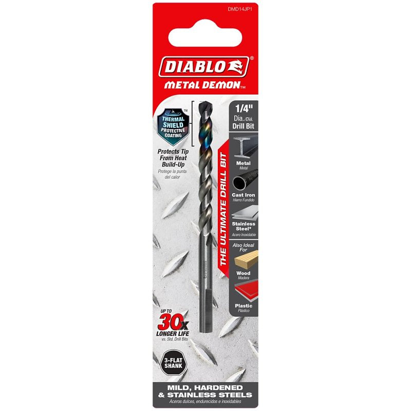 Diablo Metal Demon DMD14JP1 Drill Bit, 1/4 in Dia, 4 in OAL, Three-Flat Shank