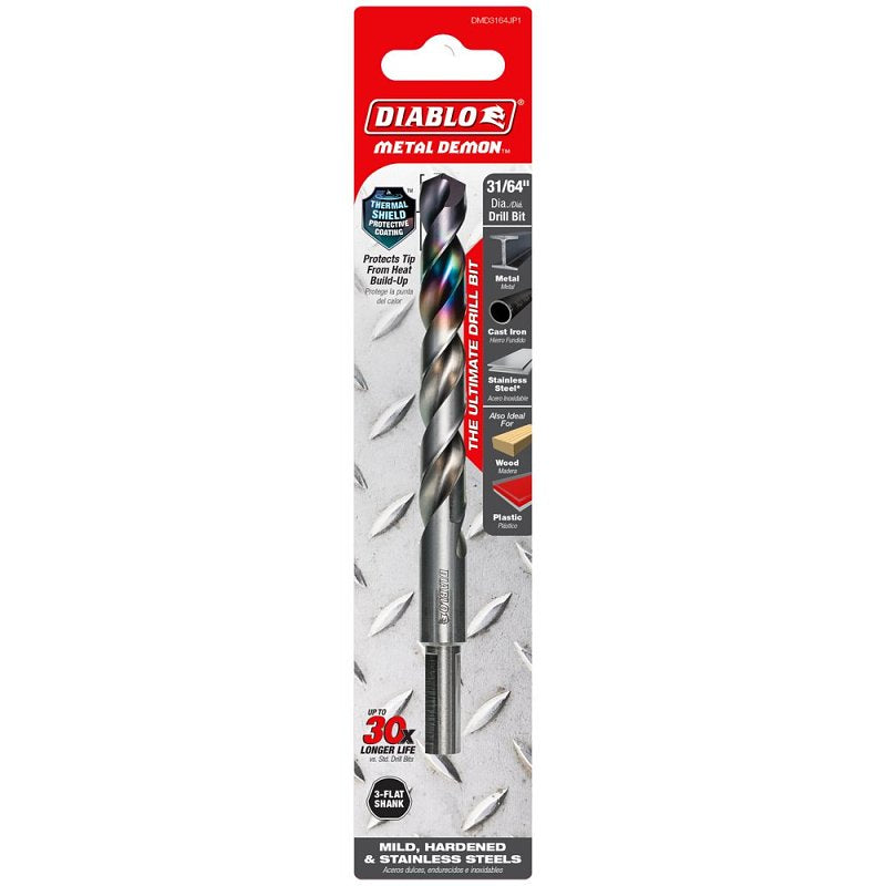 Diablo Metal Demon DMD3164JP1 Drill Bit, 31/64 in Dia, 5.9 in OAL, Three-Flat Reduced Shank