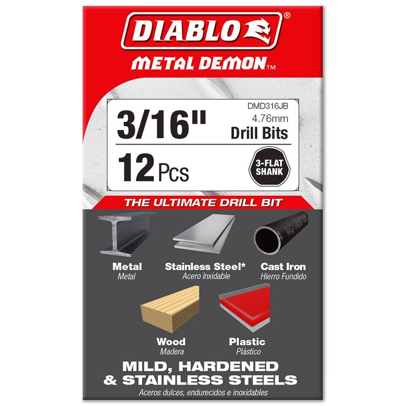 Diablo Metal Demon DMD316JP1 Drill Bit, 3/16 in Dia, 3.4 in OAL, Three-Flat Shank, Pack of 12