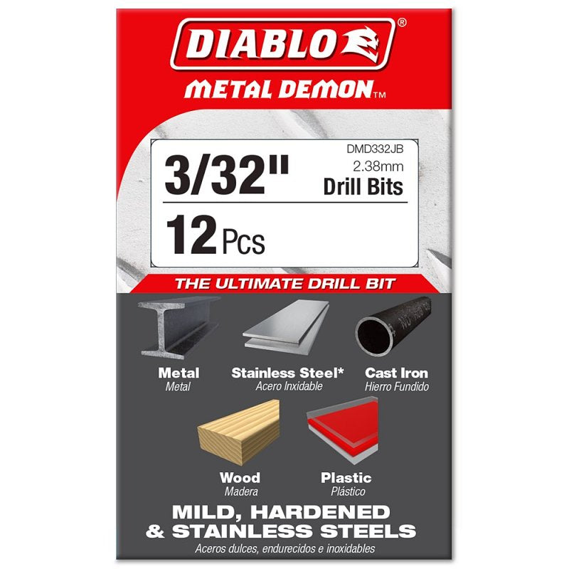 Diablo Metal Demon DMD332JP2 Drill Bit, 3/32 in Dia, 2.2 in OAL, Cylindrical Shank, Pack of 12