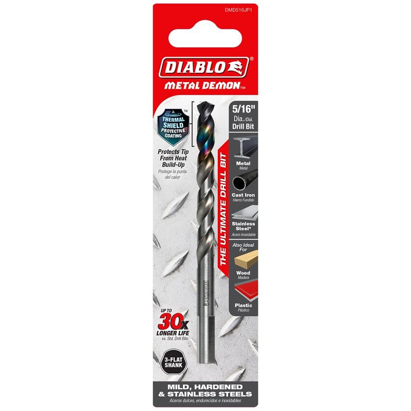 Diablo Metal Demon DMD516JP1 Drill Bit, 5/16 in Dia, 4.6 in OAL, Three-Flat Shank
