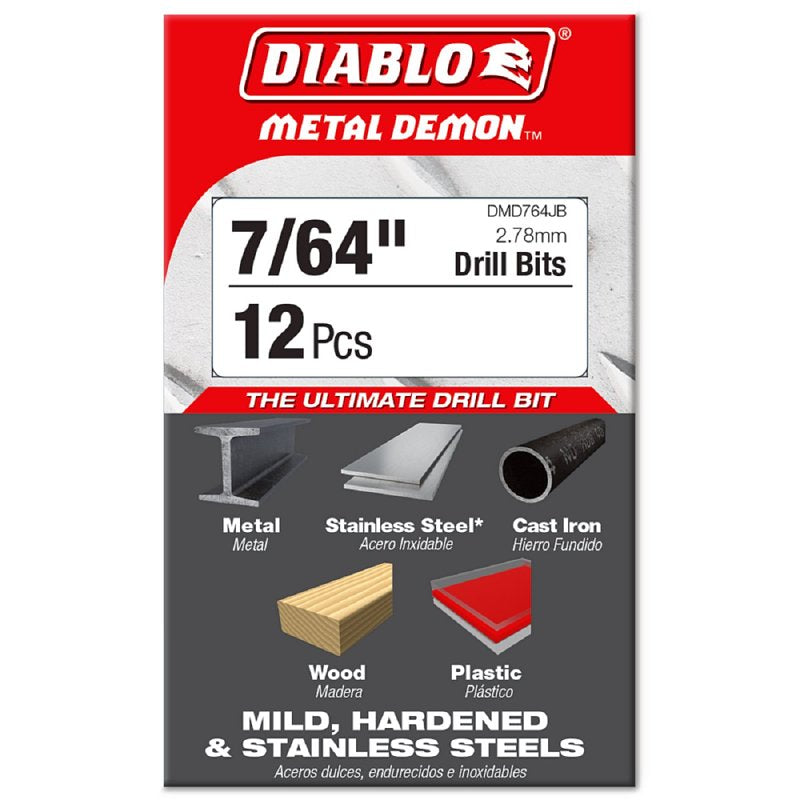 Diablo DMD764JB Drill Bit, 7/64 in Dia, 2.4 in OAL, 3-Flat Shank, Pack of 12