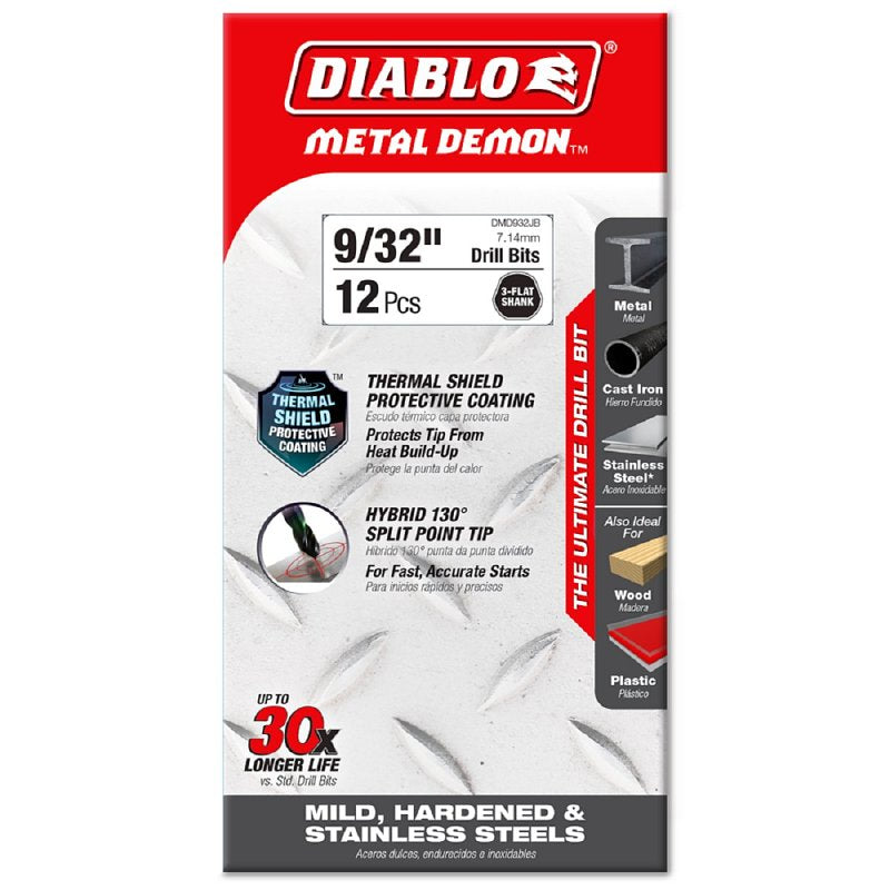 Diablo Metal Demon DMD932JP1 Drill Bit, 9/32 in Dia, 4.3 in OAL, Three-Flat Shank, Pack of 12