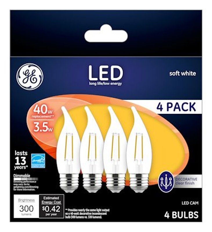 GE 92677 LED Bulb, Decorative, CA Lamp, 40 W Equivalent, E12 Lamp Base, Dimmable, Soft White Light, 2700 K Color Temp