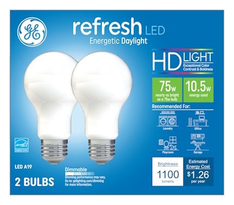 GE 93129422 LED Bulb, A19 Lamp, 75 W Equivalent, Medium Lamp Base, Dimmable, Frosted, Daylight Light, 5000 K Color Temp