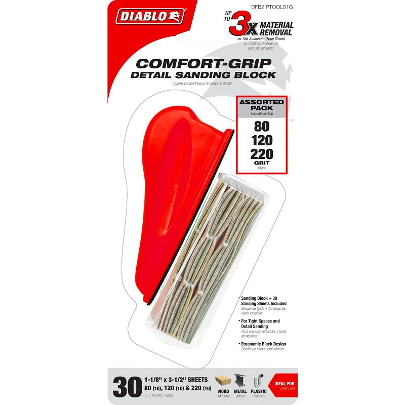 Diablo Comfort-Grip DFBZIPTOOL01G Detail Sanding Block, 3-1/2 in L, 1 in W, 80, 120, 220 Grit, Aluminum Oxide Abrasive