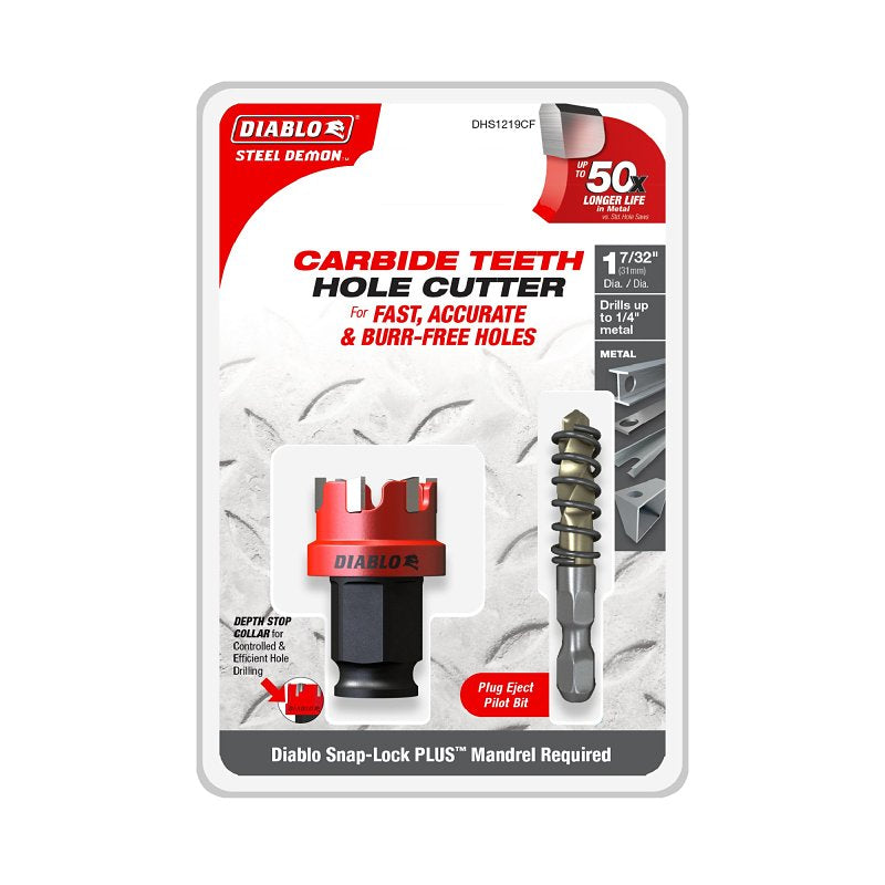 Diablo Steel Demon DHS1219CF Hole Cutter, 1-7/32 in Dia, 1/4 in D Cutting, Carbide Cutting Edge