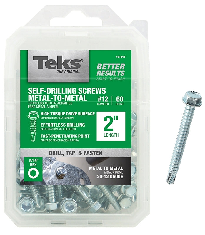 Teks 21348 Screw, #12 Thread, 2 in L, Coarse Thread, Hex Drive, Self-Drilling, Self-Tapping Point, Steel, Zinc, 60 PK