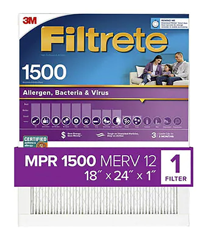 Filtrete 2021-4 Air Filter, 24 in L, 18 in W, 12 MERV, 1500 MPR, For: Air Conditioner, Furnace and HVAC System, Pack of 4