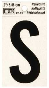 Hy-Ko RV-25/S Reflective Letter, 1-1/2 in W x 3 in H Dimensions, Character: S, 2 in H Character, Black Character, Vinyl, Pack of 10