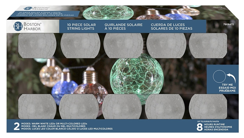 Boston Harbor 27101 Solar Crackle Glass Ball String Light, Ni-MH Battery, AA Battery, 10-Lamp, LED Lamp, Clear