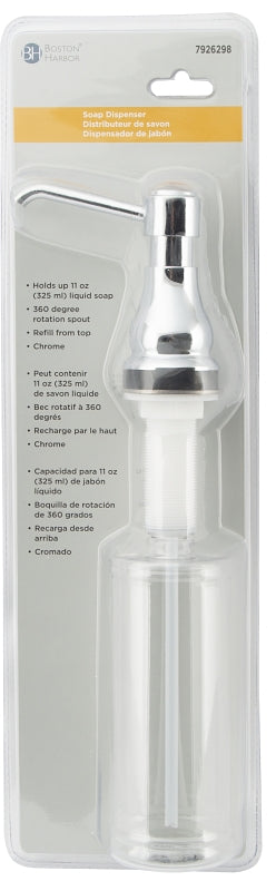 Boston Harbor TOBI22040001CP Soap Dispenser, 11 oz Capacity, PE, Chrome, Chrome, Press, Top Mounted Mounting