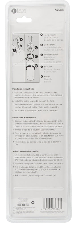Boston Harbor TOBI22040001CP Soap Dispenser, 11 oz Capacity, PE, Chrome, Chrome, Press, Top Mounted Mounting