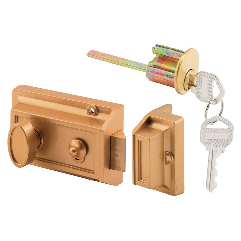 Prime-Line U 9967 Night Latch and Locking Cylinder, Aluminum, Brass, 2-9/32 in Backset, Kwikset Keyway