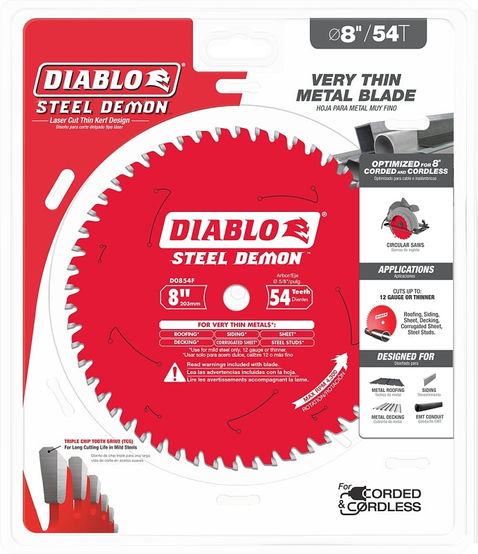 Diablo Steel Demon D0854F Saw Blade, 8 in Dia, 5/8 in Arbor, 54-Teeth, Carbide Cutting Edge
