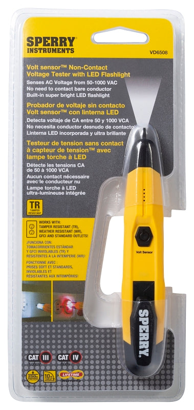 Sperry Instruments VD6508 Detector with Flashlight, 50 to 1000 V, LED Display, Functions: AC Voltage, Yellow