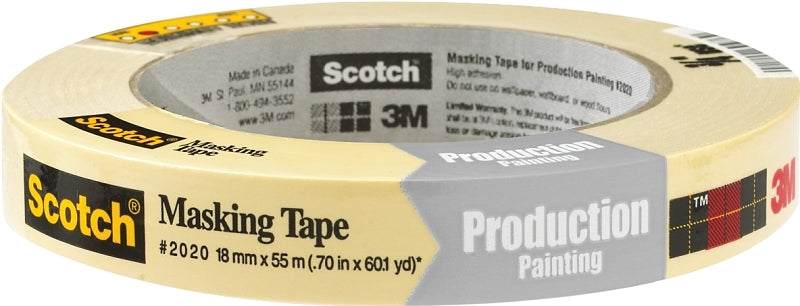 Scotch 2020-.75A Masking Tape, 60 yd L, 3/4 in W, 0.005 in Thick, Crepe Paper/Rubber Backing, Beige